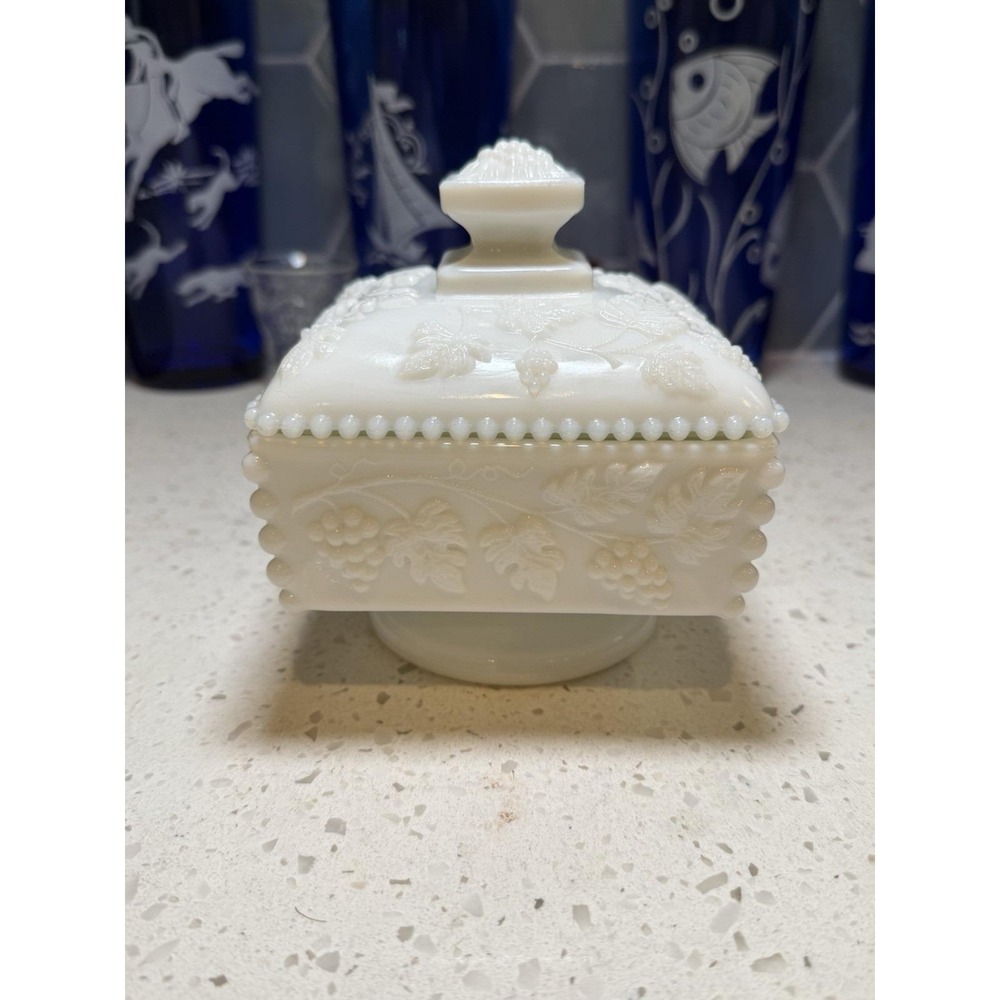 Westmoreland Paneled Beaded Edge Grape Square Milk Glass Candy Dish Mid Century